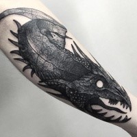 Engraving style black ink leg tattoo of fantasy snake