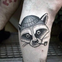 Engraving style black ink leg tattoo of smoking raccoon