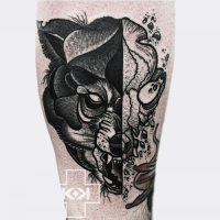 Engraving style black ink leg tattoo of bear head with skull