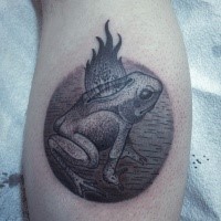 Engraving style black ink leg tattoo of frog with flames