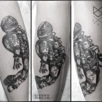 Engraving style black ink leg tattoo of space man