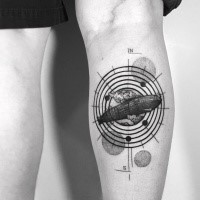 Engraving style black ink leg tattoo of big zeppelin with circles