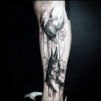 Engraving style black ink leg tattoo of crows