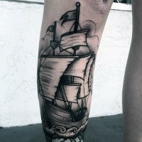 Engraving style black ink leg tattoo of sailing ship
