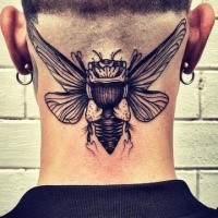 Engraving style black ink neck tattoo of big insect