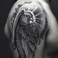 Engraving style black ink shoulder tattoo of beautiful eagle