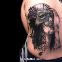 Engraving style black ink shoulder tattoo of smoking woman with skull