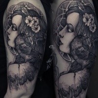 Engraving style black ink shoulder tattoo of woman head with crow and flower