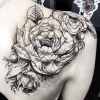 Engraving style black ink shoulder tattoo of big beautiful flower