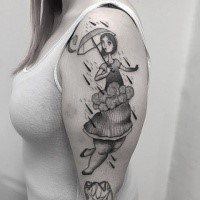 Engraving style black ink shoulder tattoo of incredible looking woman with umbrella