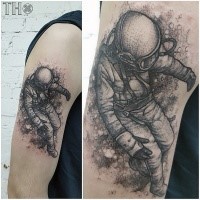 Engraving style black ink shoulder tattoo of vintage space man