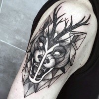 Engraving style black ink shoulder tattoo of evil wolf and deer