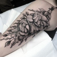 Engraving style black ink shoulder tattoo of big flowers