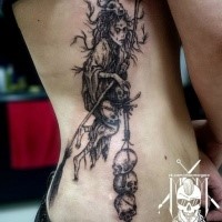 Engraving style black ink side tattoo of evil witch with skulls