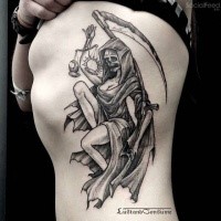 Engraving style black ink side tattoo of sexy woman Grimm reaper