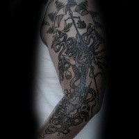 Engraving style black ink sleeve tattoo of creepy skeleton with libra and snake