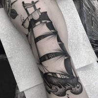 Engraving style black ink tattoo of big sailing ship