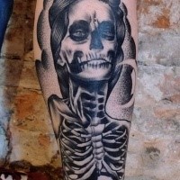 Engraving style black ink tattoo of creepy woman skeleton