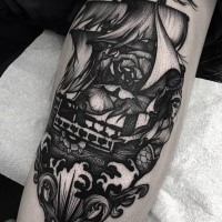 Engraving style black ink tattoo of old sailing ship