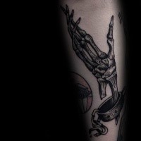 Engraving style black ink tattoo of tied human skeleton