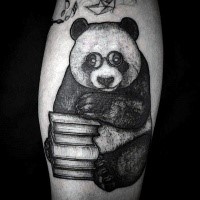 Engraving style black ink tattoo of wise panda and books