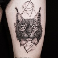 Engraving style black ink thigh tattoo fo wild cat and geometrical figure