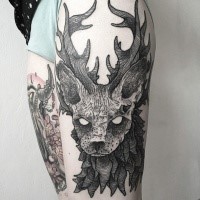Engraving style black ink thigh tattoo of mystical deer