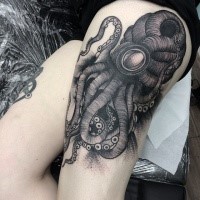 Engraving style black ink thigh tattoo of mystical octopus