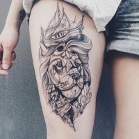 Engraving style black ink thigh tattoo of cool lion with ship