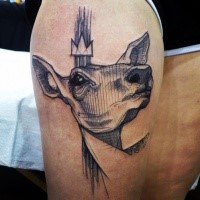 Engraving style black ink thigh tattoo of deer with crown