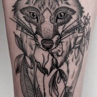Engraving style black ink thigh tattoo of fox with plants