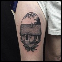 Engraving style black ink thigh tattoo of small house picture