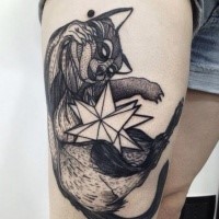 Engraving style black ink thigh tattoo of raccoon with star