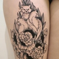Engraving style black ink thigh tattoo of foxes with flowers