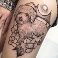 Engraving style black ink thigh tattoo of beautiful dog with flowers and bridge