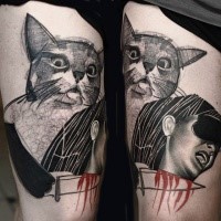 Engraving style black ink thigh tattoo of screaming woman with cat head