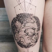 Engraving style black ink thigh tattoo of wolf with lines and flowers