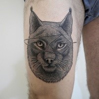 Engraving style black ink thigh tattoo of while cat and figures