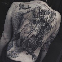 Engraving style black ink whole back tattoo of dinosaur skull with birds and butterfly