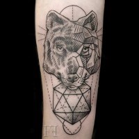 Engraving style black ink wolf head tattoo combined with geometrical ornaments