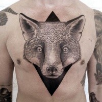 Engraving style chest tattoo of fox head with black rhombus