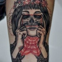 Engraving style colored arm tattoo of woman stylized with skull
