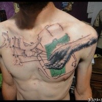 Engraving style colored chest tattoo of human hand with pigeons