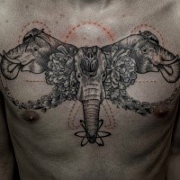 Engraving style colored chest tattoo of cool elephants