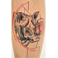 Engraving style colored forearm tattoo of rhino with