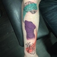 Engraving style colored forearm tattoo of human body, brain and heart