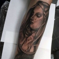 Engraving style colored forearm tattoo of crying woman with clock