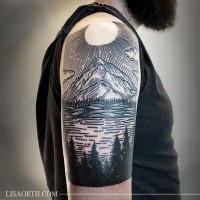 Engraving style colored shoulder tattoo of mountain with lake and forest