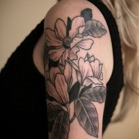 Engraving style colored shoulder tattoo of flowers with leaves