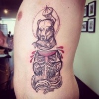 Engraving style colored side tattoo of bear skeleton with fish